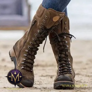 Lace-Up Combat Boot Winter Cowboy Western Boots Women Vintage Platform Shoes