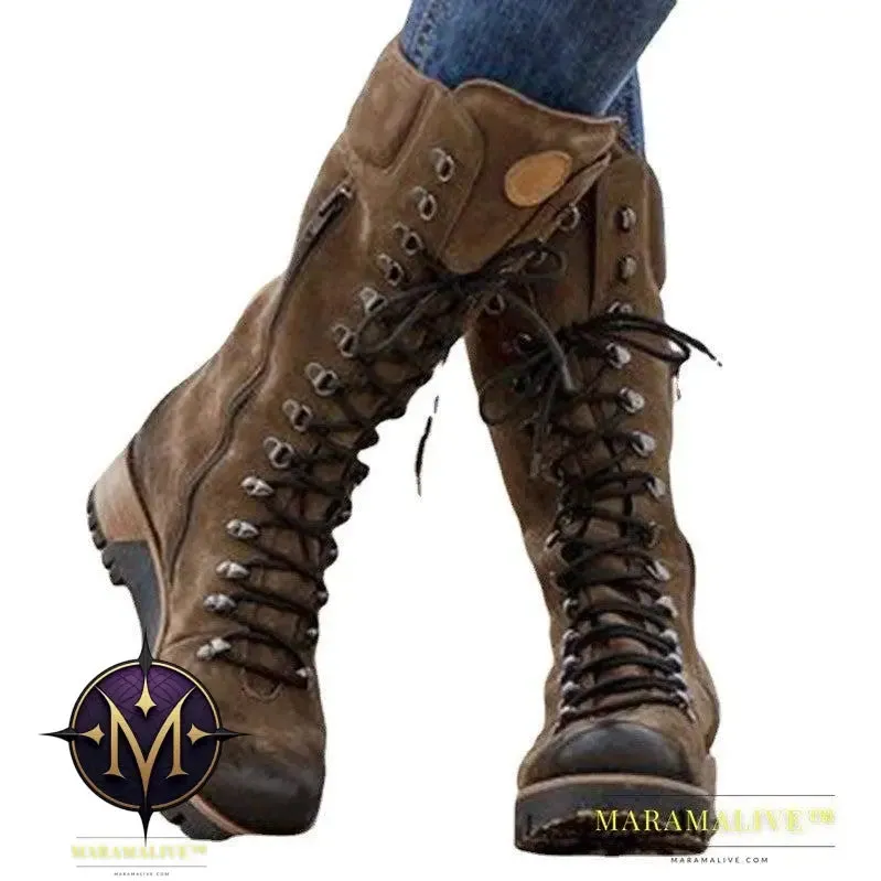 Lace-Up Combat Boot Winter Cowboy Western Boots Women Vintage Platform Shoes