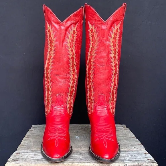 LARRY MAHAN Vintage Red Leather Tall Knee High Cowboy Boots