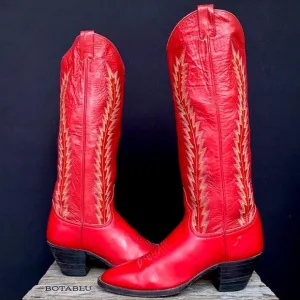 LARRY MAHAN Vintage Red Leather Tall Knee High Cowboy Boots