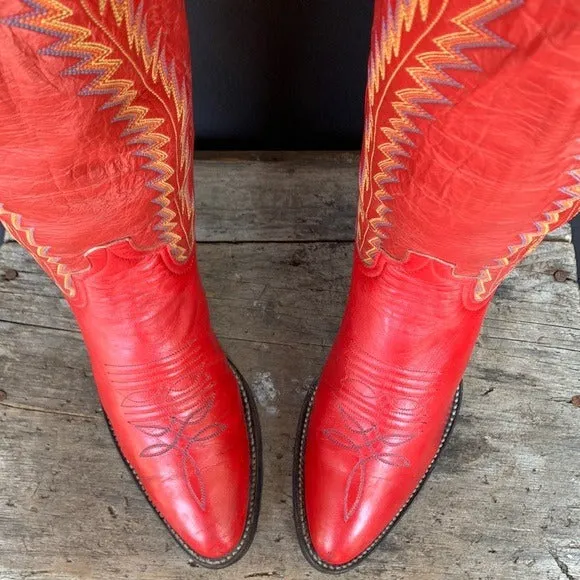 LARRY MAHAN Vintage Red Leather Tall Knee High Cowboy Boots