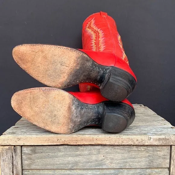 LARRY MAHAN Vintage Red Leather Tall Knee High Cowboy Boots