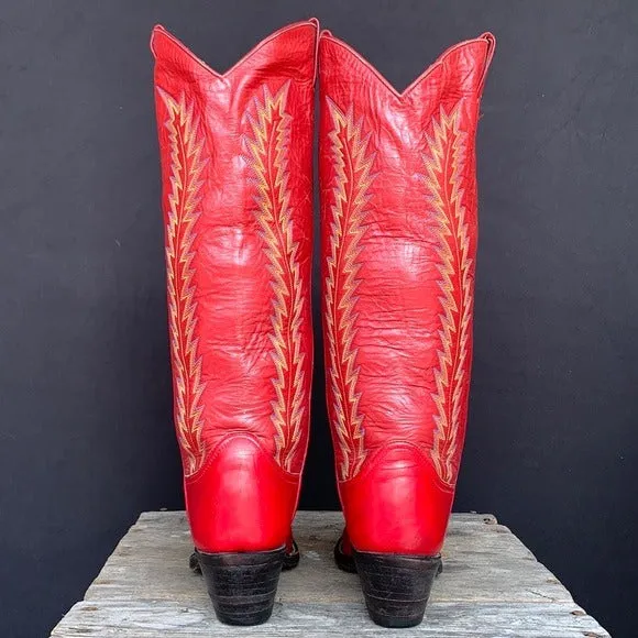 LARRY MAHAN Vintage Red Leather Tall Knee High Cowboy Boots