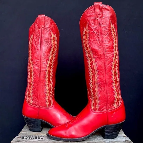 LARRY MAHAN Vintage Red Leather Tall Knee High Cowboy Boots