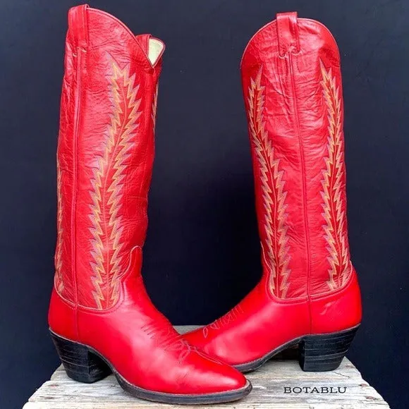 LARRY MAHAN Vintage Red Leather Tall Knee High Cowboy Boots