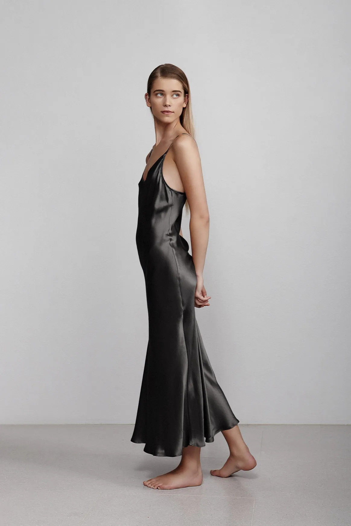 long v neck slip dress, hammered black