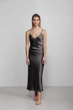 long v neck slip dress, hammered black
