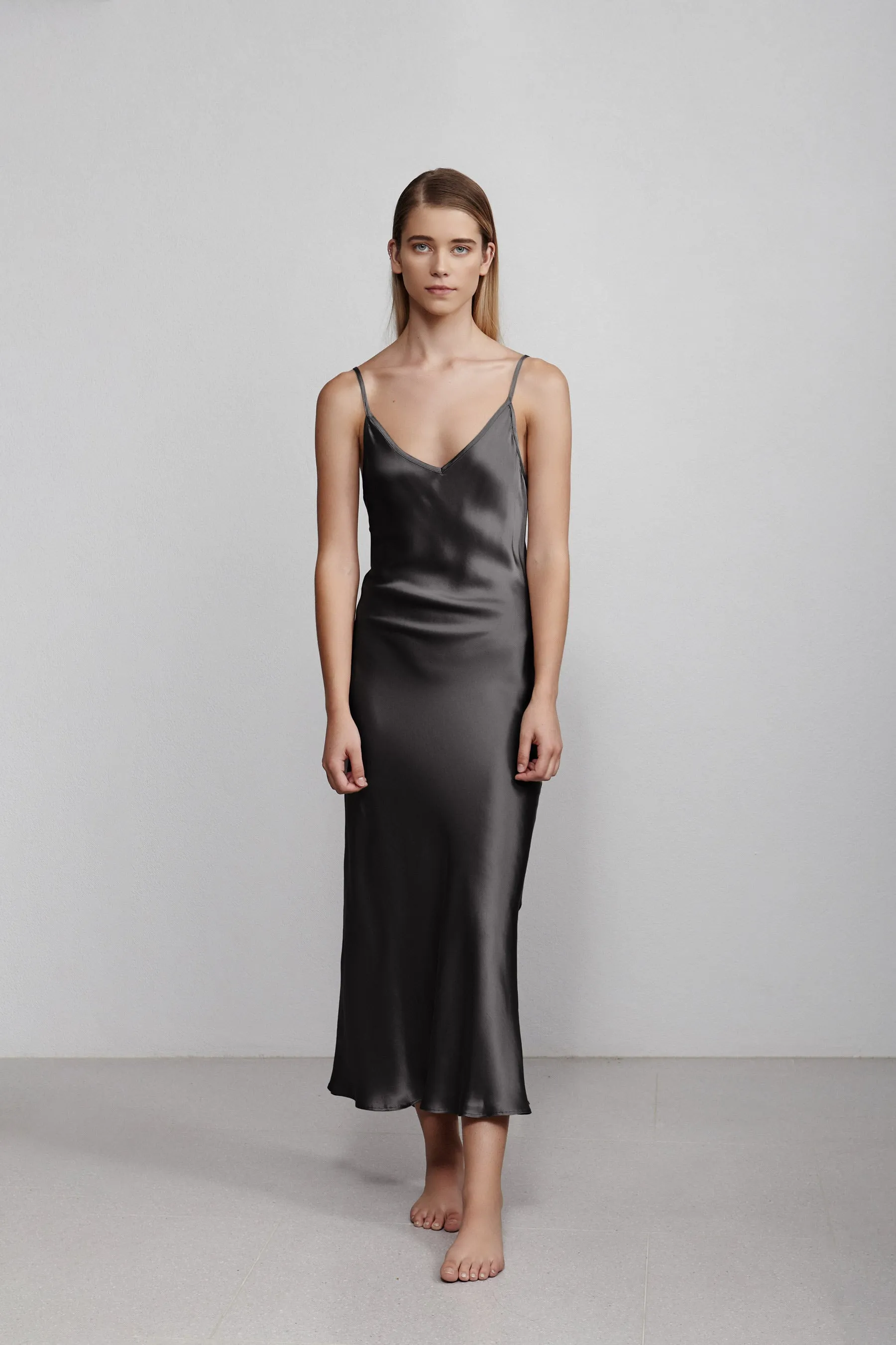 long v neck slip dress, hammered black