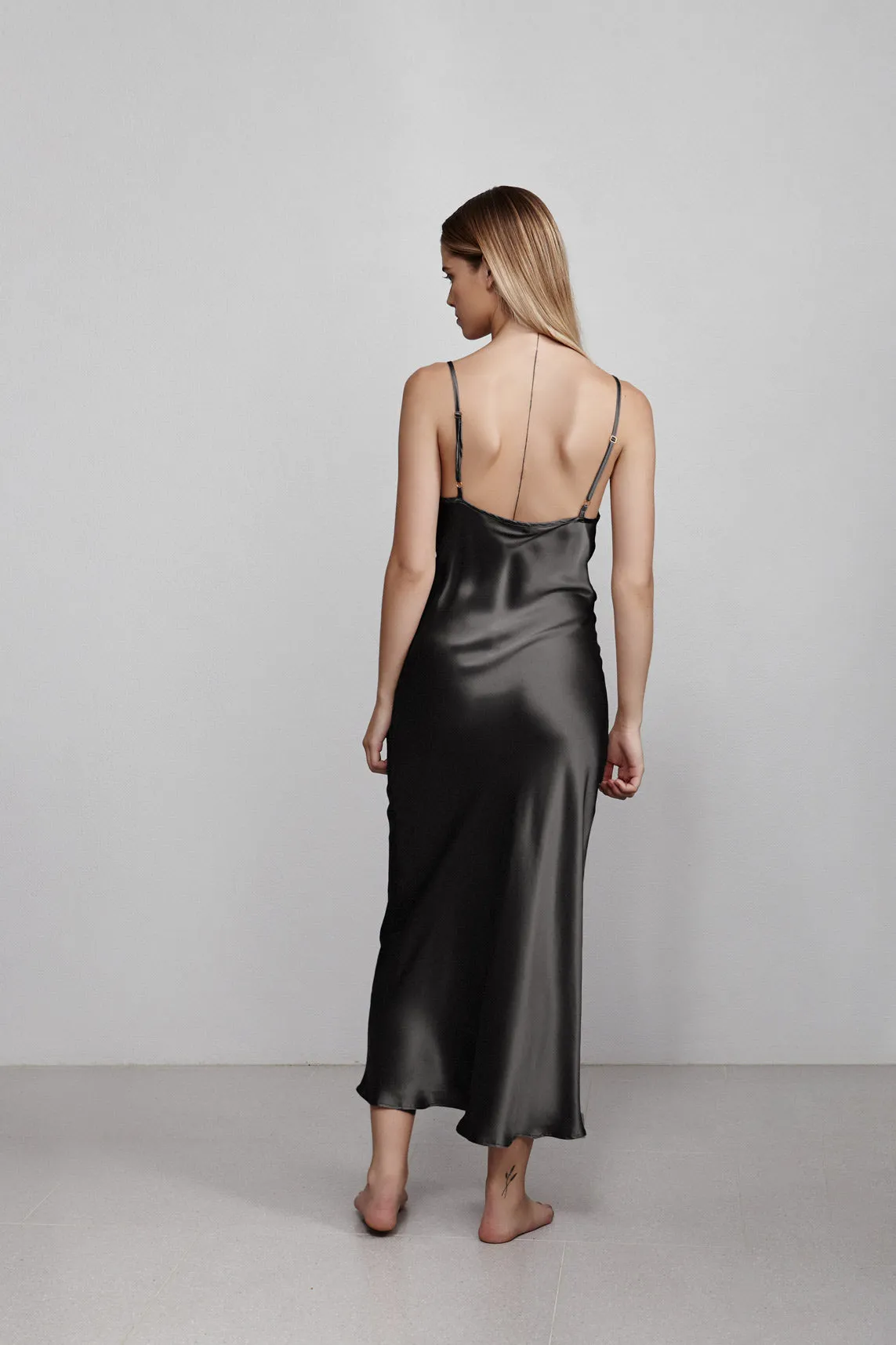 long v neck slip dress, hammered black