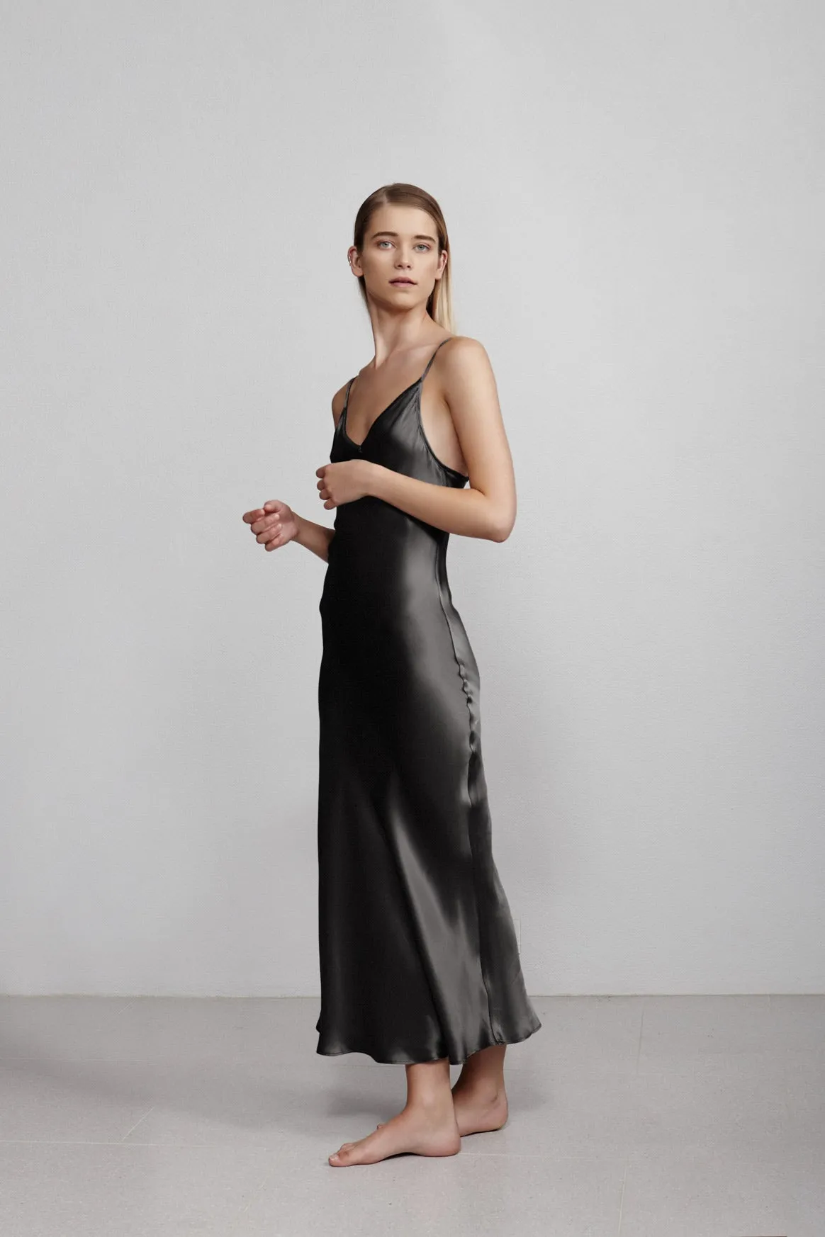 long v neck slip dress, hammered black