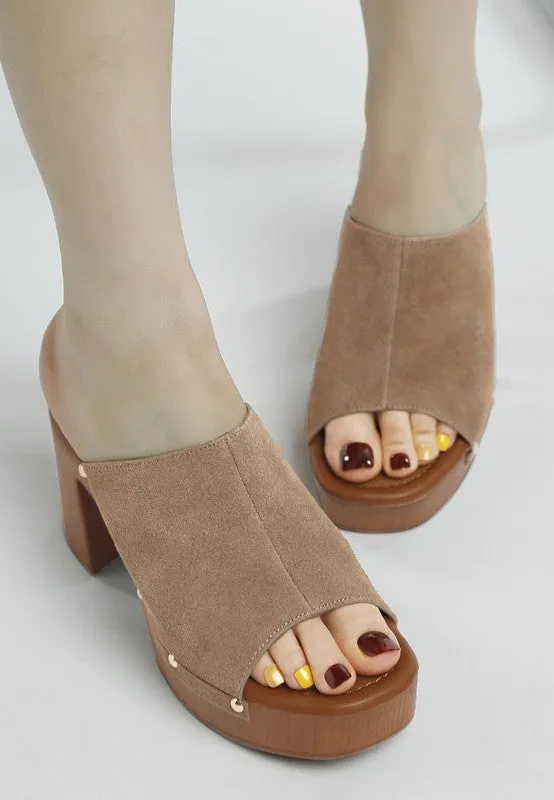 Masaki Soft Suede Leather Clogs - Studded Open Toe Slip Ons, 3.5” Block Heel