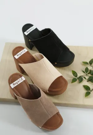 Masaki Soft Suede Leather Clogs - Studded Open Toe Slip Ons, 3.5” Block Heel