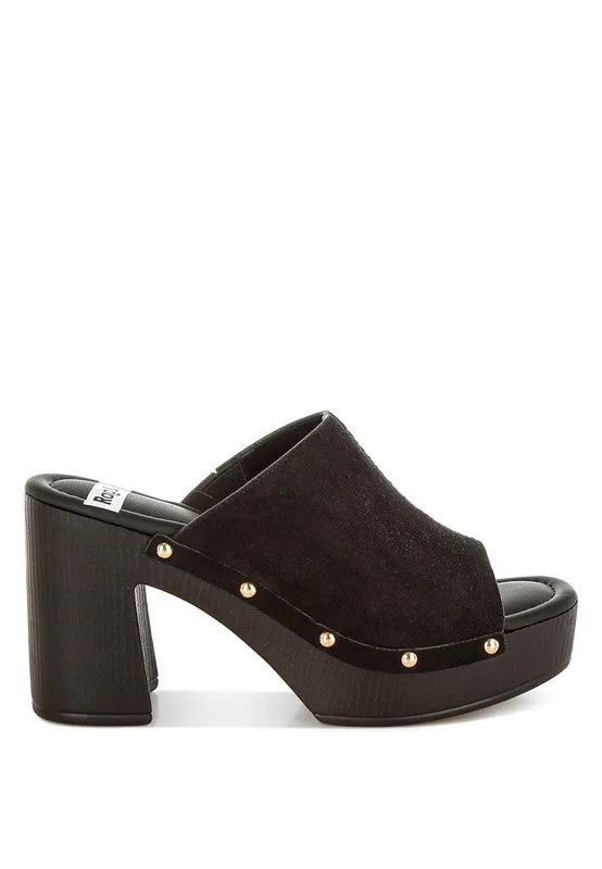 Masaki Soft Suede Leather Clogs - Studded Open Toe Slip Ons, 3.5” Block Heel