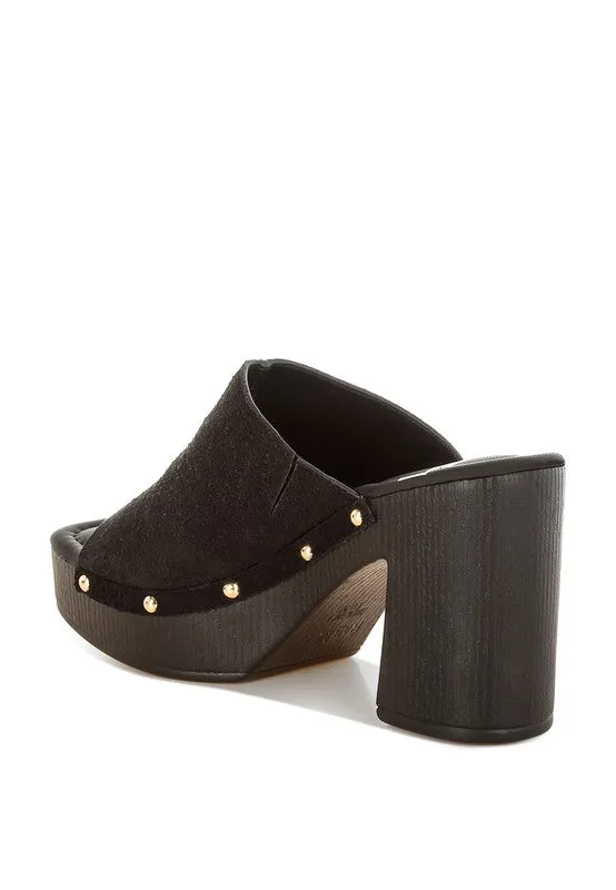 Masaki Soft Suede Leather Clogs - Studded Open Toe Slip Ons, 3.5” Block Heel