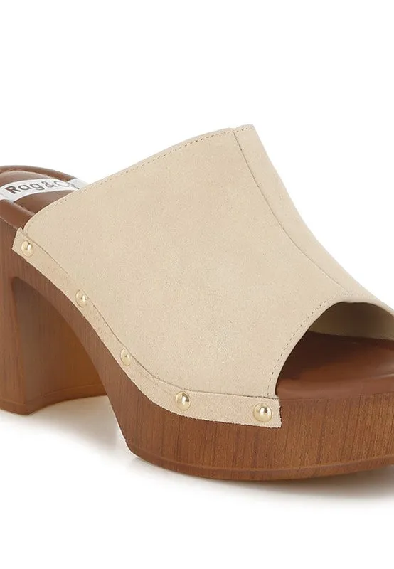 Masaki Soft Suede Leather Clogs - Studded Open Toe Slip Ons, 3.5” Block Heel