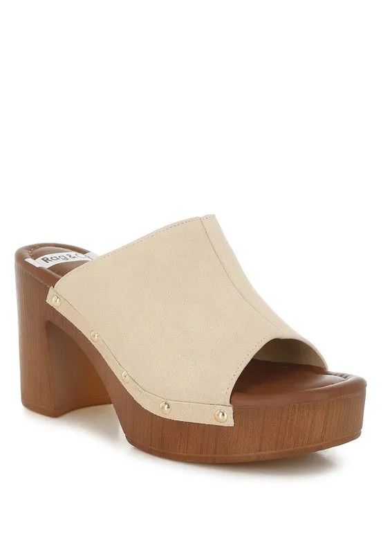 Masaki Soft Suede Leather Clogs - Studded Open Toe Slip Ons, 3.5” Block Heel