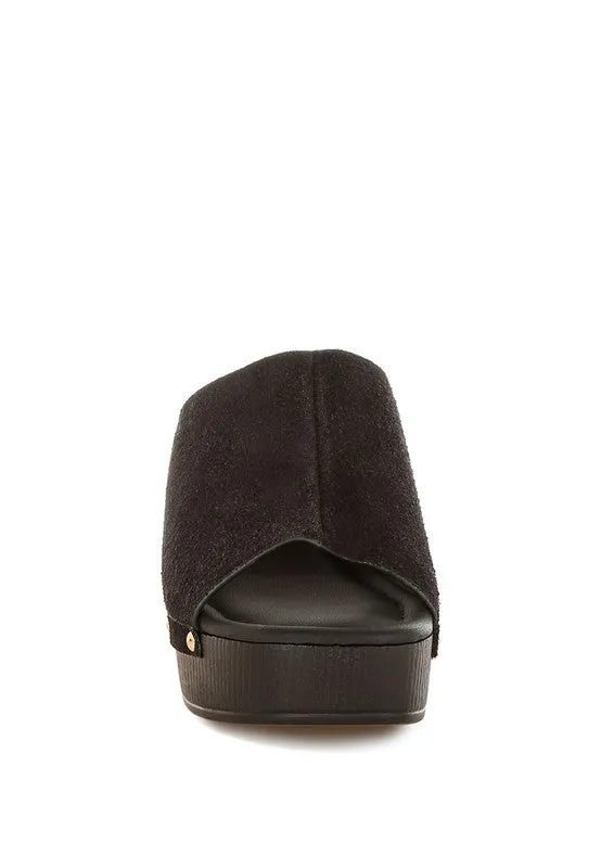 Masaki Soft Suede Leather Clogs - Studded Open Toe Slip Ons, 3.5” Block Heel