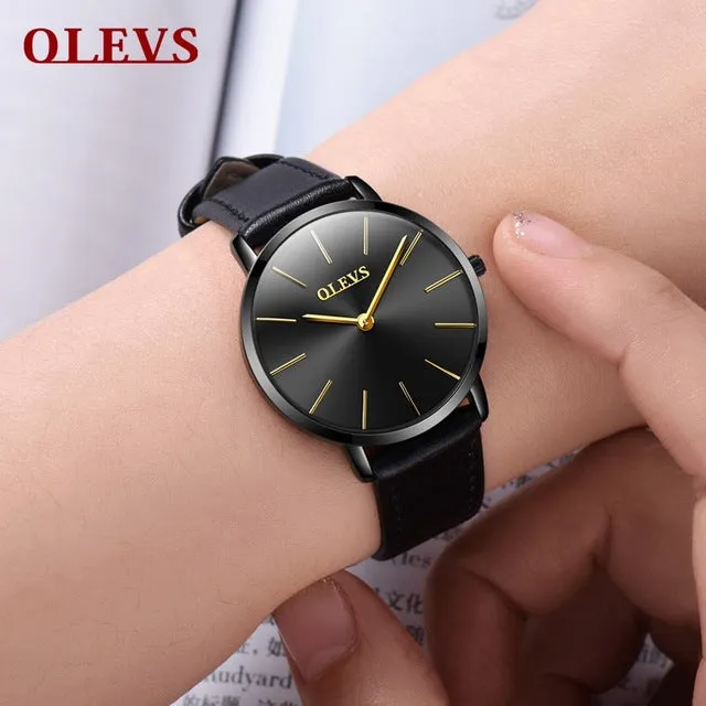 Men Watches 2017 luxury brand Olevs quartz leather minimalist Black strap Ultrathin Wristwatches Waterproof High Quality Relogio