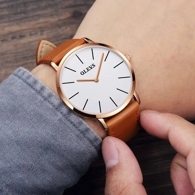 Men Watches 2017 luxury brand Olevs quartz leather minimalist Black strap Ultrathin Wristwatches Waterproof High Quality Relogio