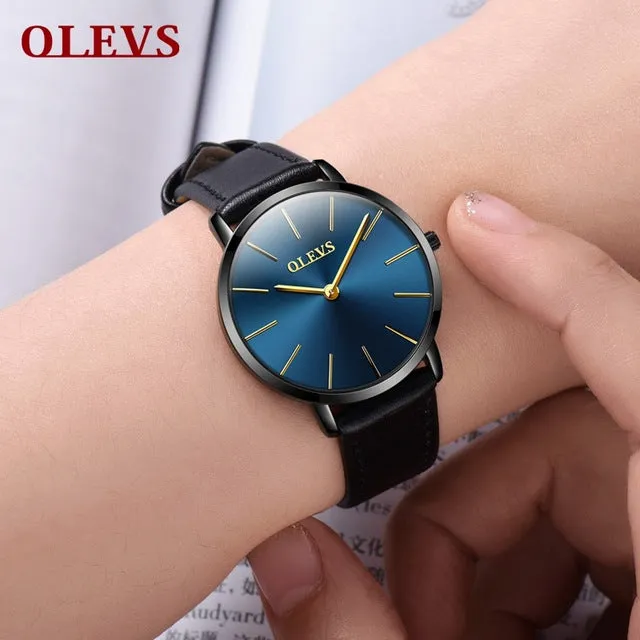 Men Watches 2017 luxury brand Olevs quartz leather minimalist Black strap Ultrathin Wristwatches Waterproof High Quality Relogio