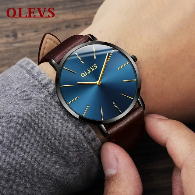Men Watches 2017 luxury brand Olevs quartz leather minimalist Black strap Ultrathin Wristwatches Waterproof High Quality Relogio