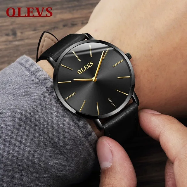 Men Watches 2017 luxury brand Olevs quartz leather minimalist Black strap Ultrathin Wristwatches Waterproof High Quality Relogio