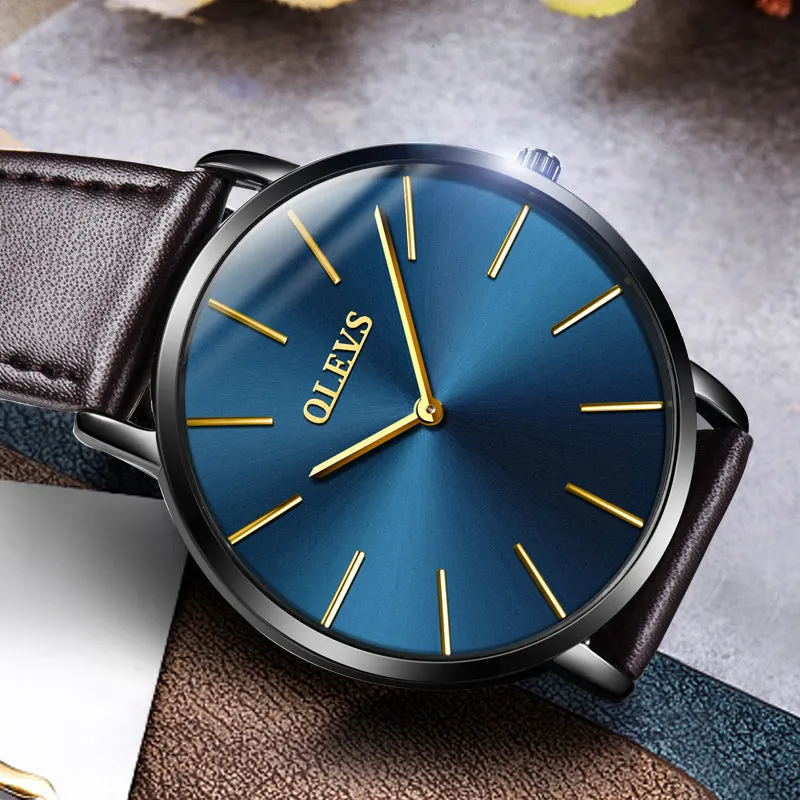 Men Watches 2017 luxury brand Olevs quartz leather minimalist Black strap Ultrathin Wristwatches Waterproof High Quality Relogio