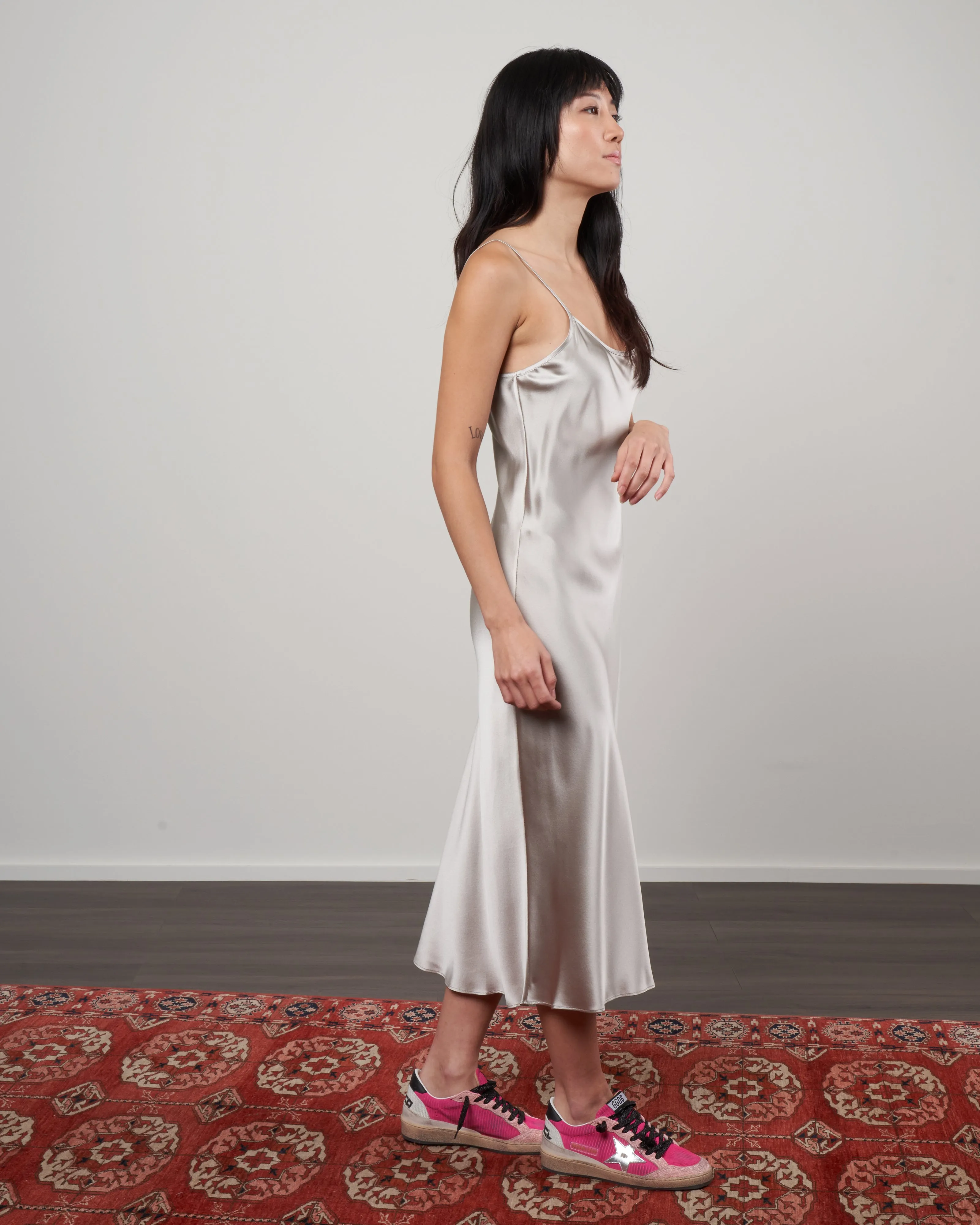 midi slip dress - silver silk