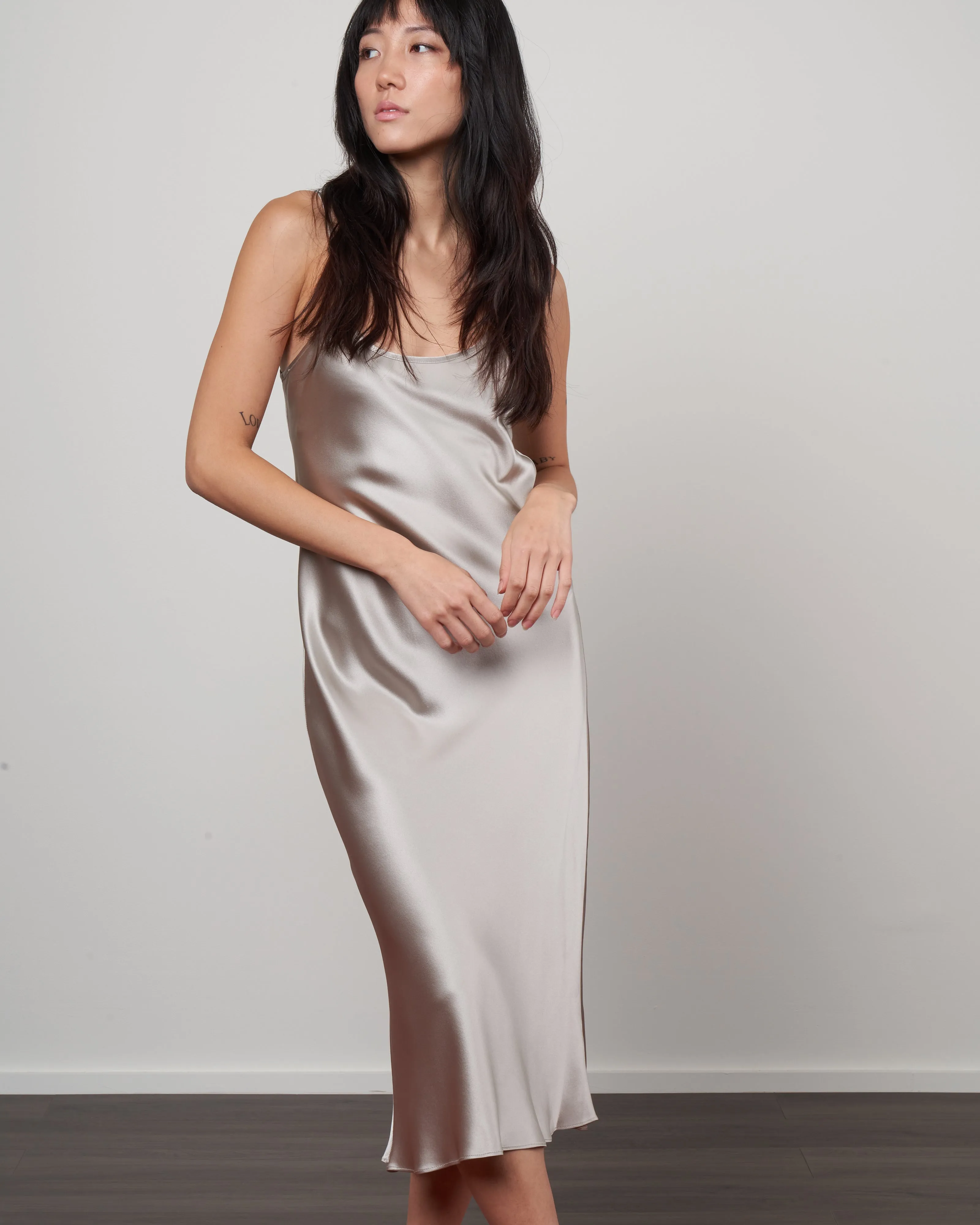 midi slip dress - silver silk