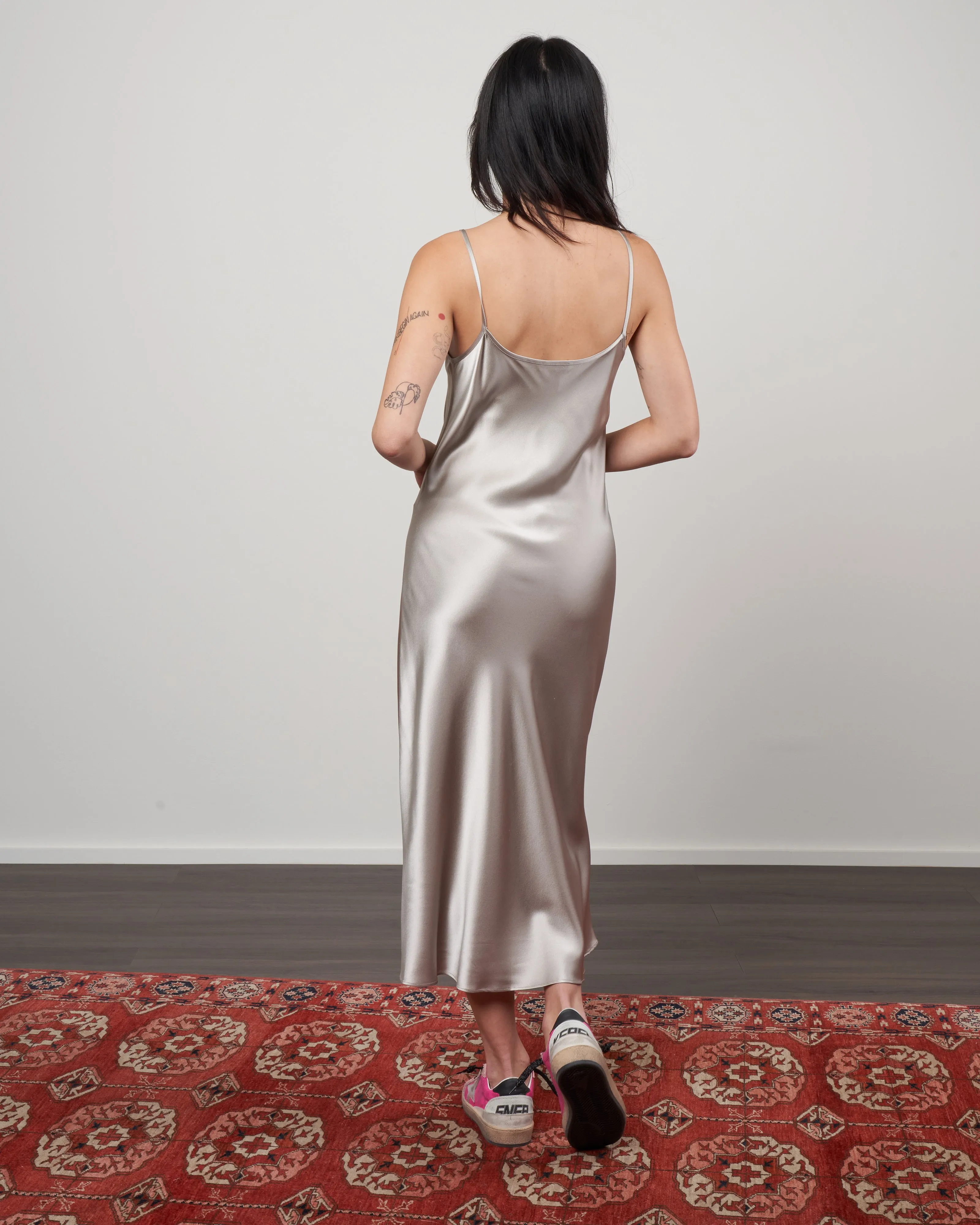 midi slip dress - silver silk