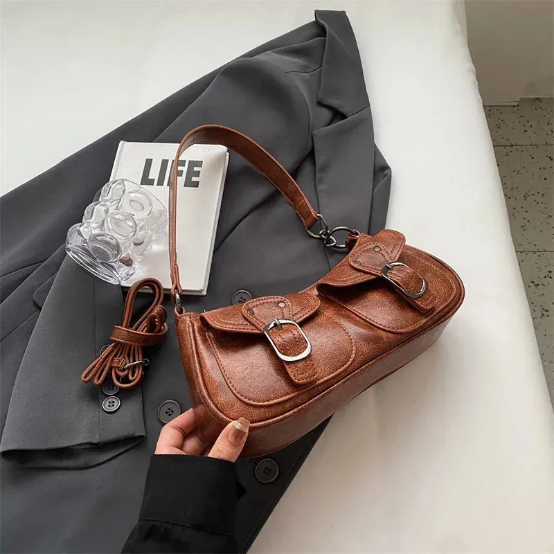 New Fashion Double Pockets PU Leather Shoulder Bag Trendy Crossbody Bag Underarm Bag Handbags