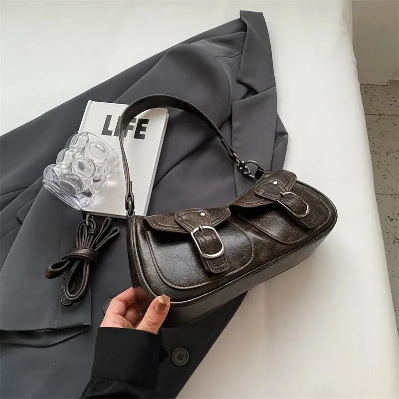 New Fashion Double Pockets PU Leather Shoulder Bag Trendy Crossbody Bag Underarm Bag Handbags