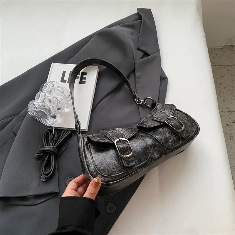 New Fashion Double Pockets PU Leather Shoulder Bag Trendy Crossbody Bag Underarm Bag Handbags