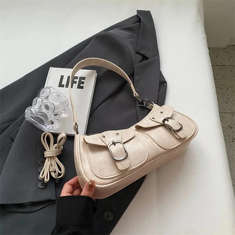 New Fashion Double Pockets PU Leather Shoulder Bag Trendy Crossbody Bag Underarm Bag Handbags