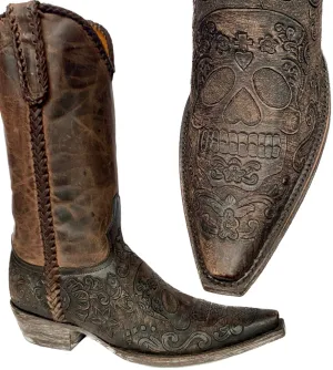 OLD GRINGO Klak Skull Tooled Brown Leather Cowboy Western Boots