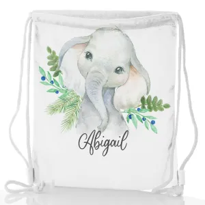 Personalised Glitter Drawstring Backpack with Elephant Blue Berries and Cute Text