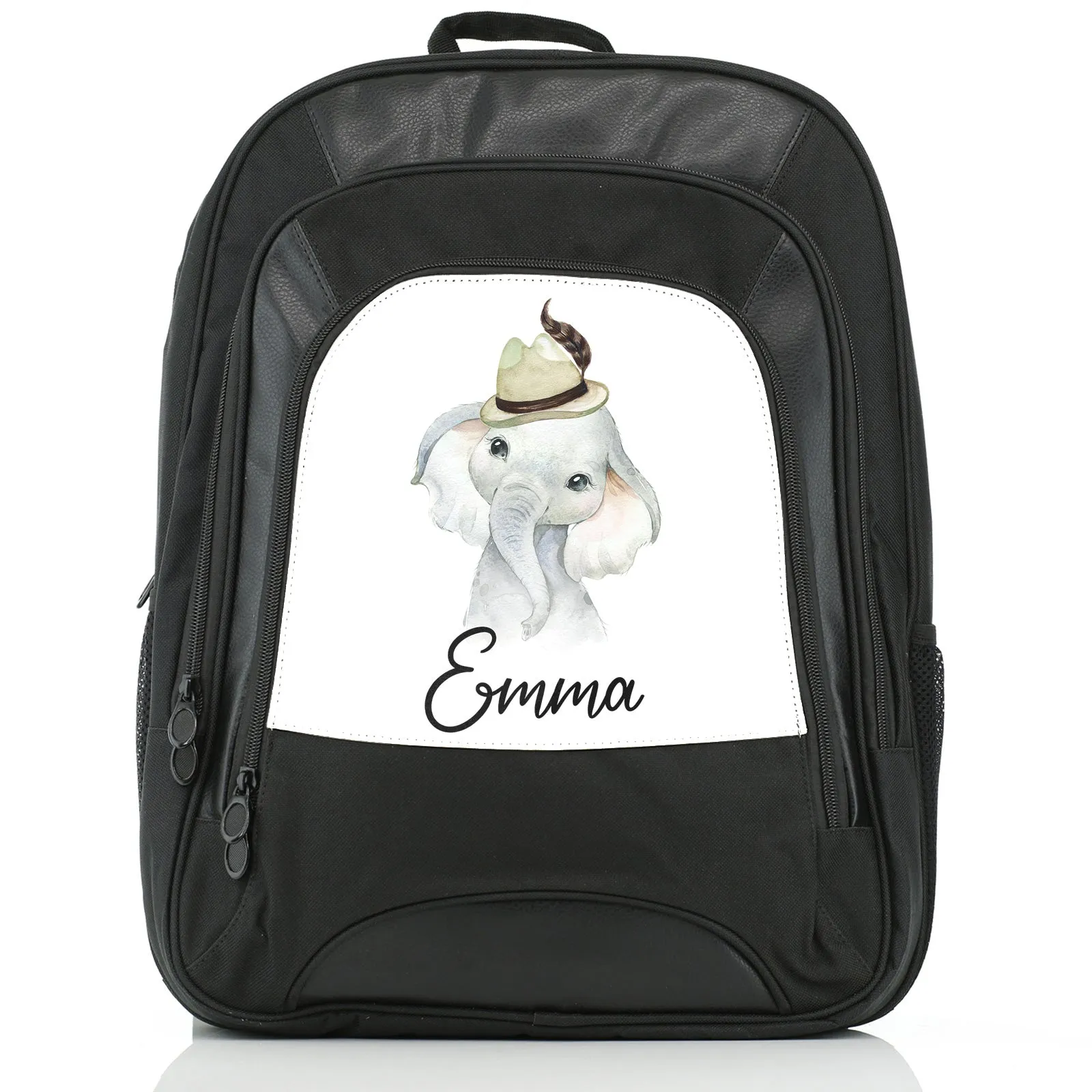 Personalised Rucksack with Grey Elephant Feather Hat and Cute Text