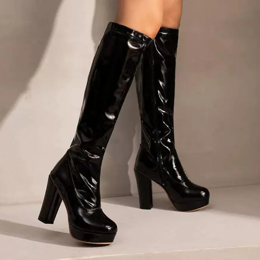 Petite Feet Chunky Heel Under Knee Patent Boots MS153