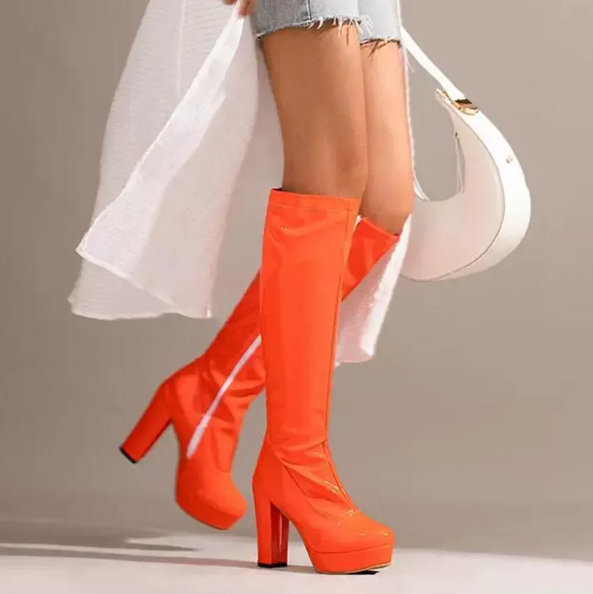 Petite Feet Chunky Heel Under Knee Patent Boots MS153