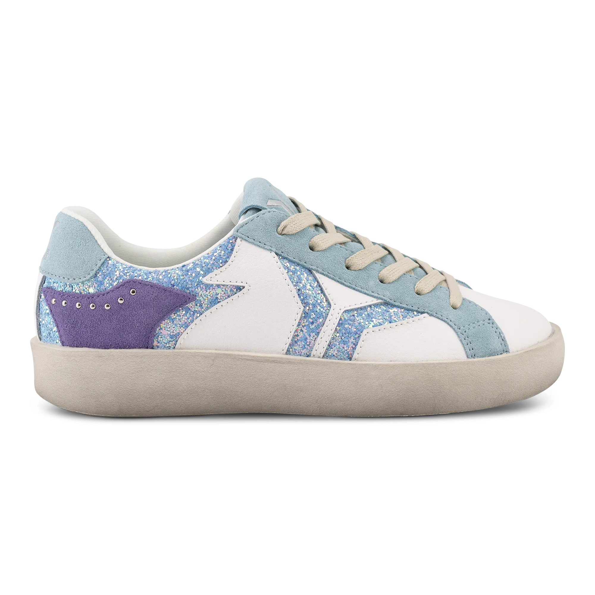 Play Womens Leather Sneaker in retro blue with glitter wing