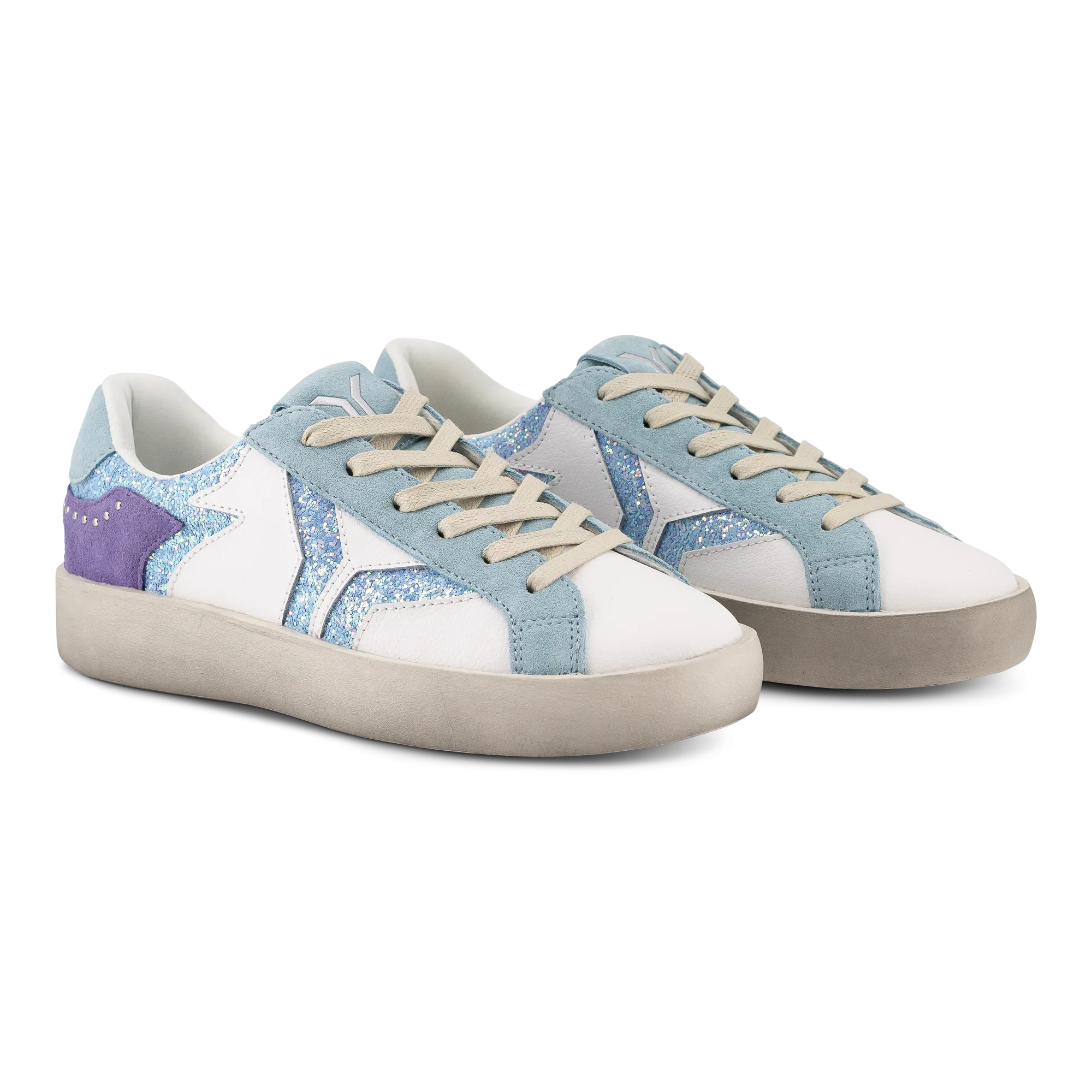 Play Womens Leather Sneaker in retro blue with glitter wing