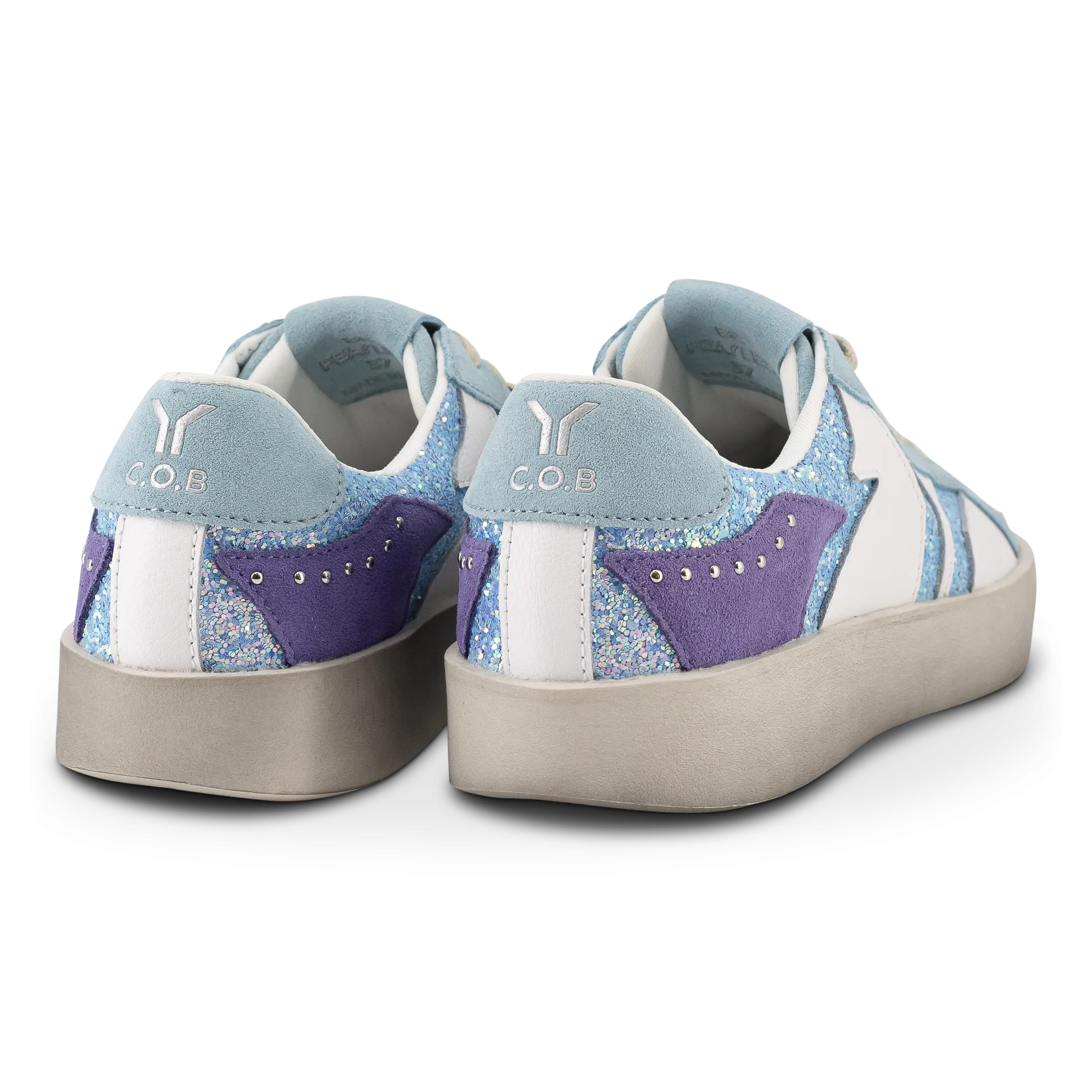 Play Womens Leather Sneaker in retro blue with glitter wing