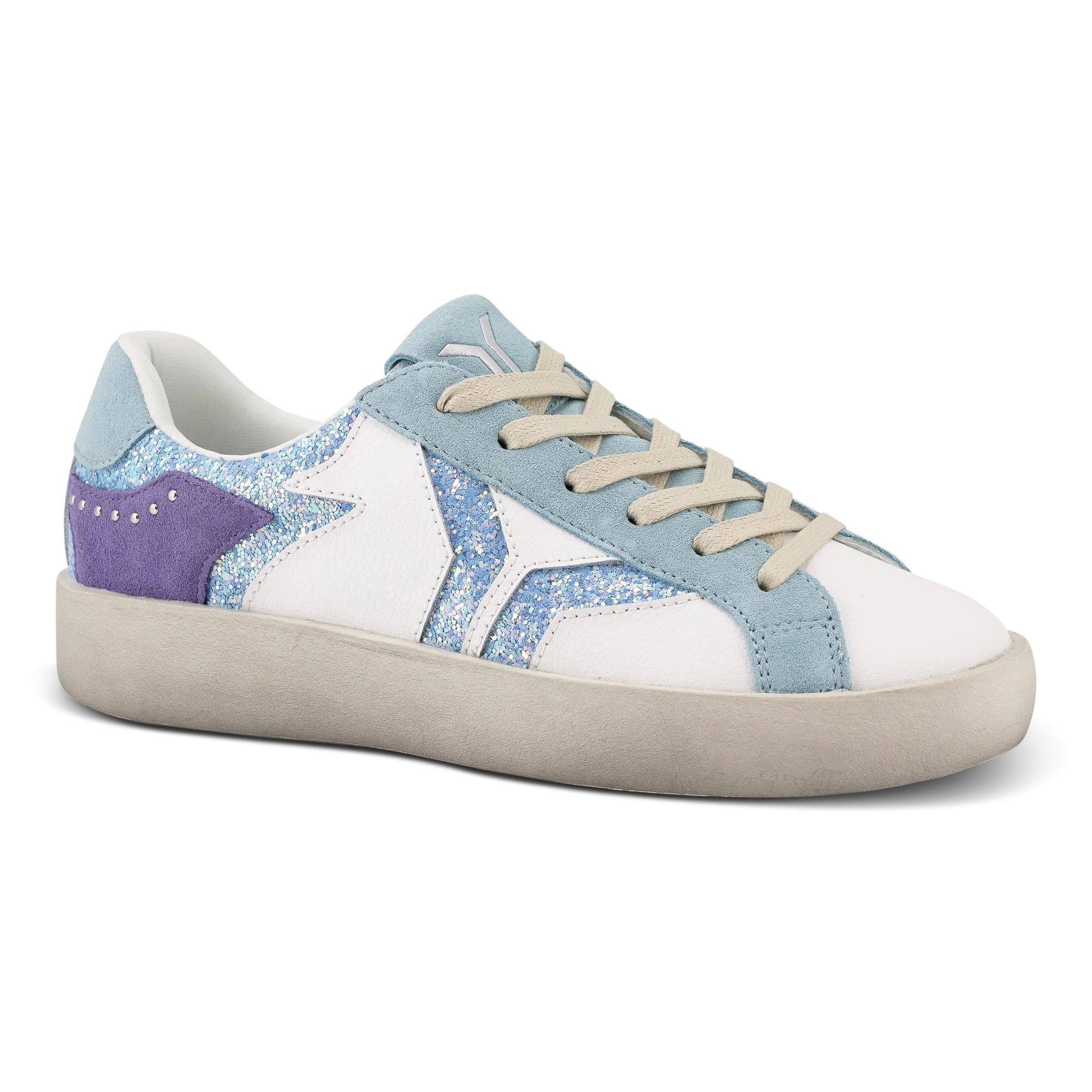 Play Womens Leather Sneaker in retro blue with glitter wing