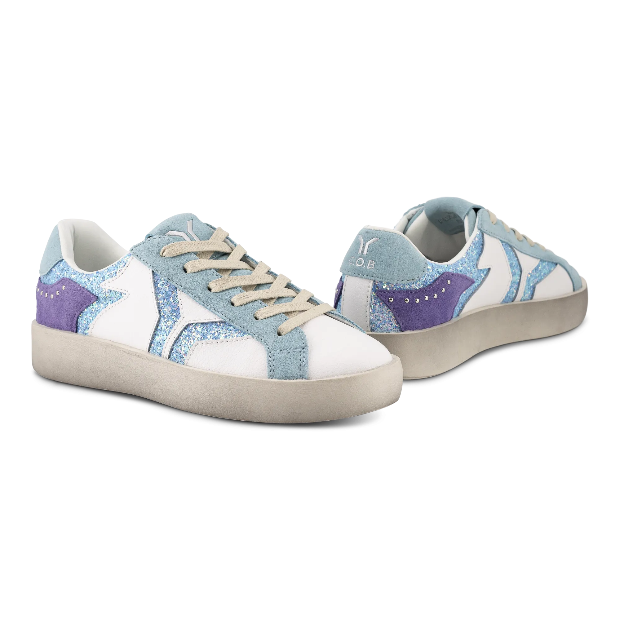Play Womens Leather Sneaker in retro blue with glitter wing