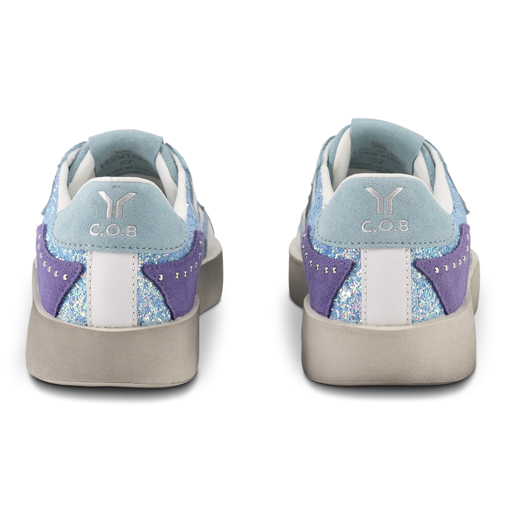 Play Womens Leather Sneaker in retro blue with glitter wing