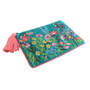 POM Turquoise Velvet Floral Zip Purse