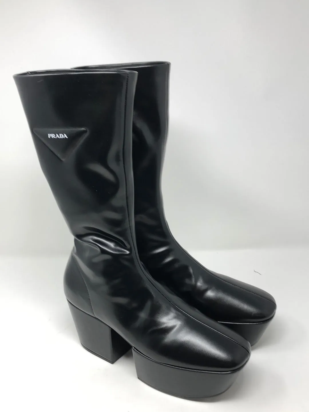 Prada Black Leather Platform Midi Boots