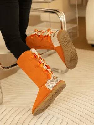 Rhinestone Ribbon Tri-Tie Bow Suede Boots - Orange