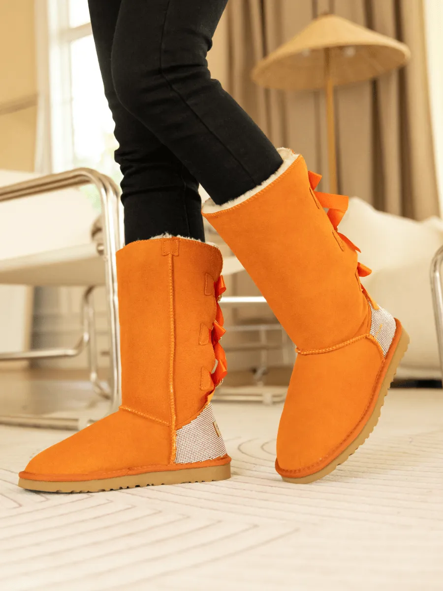 Rhinestone Ribbon Tri-Tie Bow Suede Boots - Orange