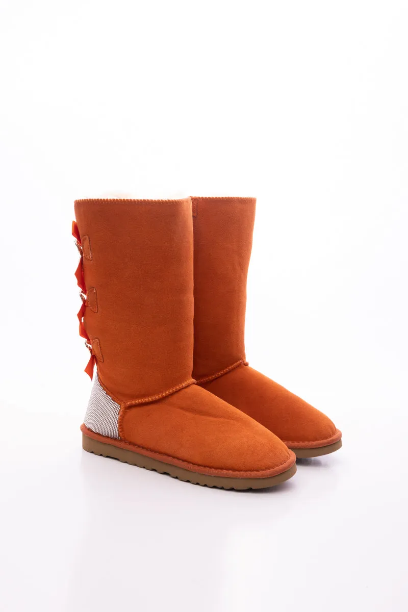 Rhinestone Ribbon Tri-Tie Bow Suede Boots - Orange